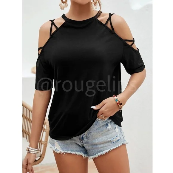 Black Strappy Short Sleeve Tee Shirt Top Cold Shoulder - Picture 2 of 7